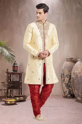 Maroon Art Silk Silk Blend Kurta Pajama