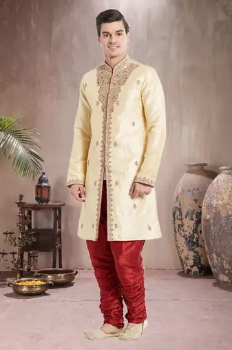 Maroon Art Silk Silk Blend Kurta Pajama