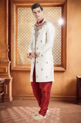 Maroon Art Silk Silk Blend Kurta Pajama