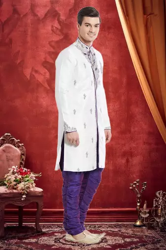 Purple Art Silk Silk Blend Kurta Pajama