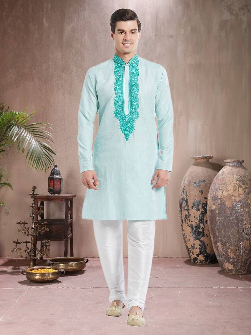 Indian Poshakh White Art Silk Pure Linen Kurta Pajama