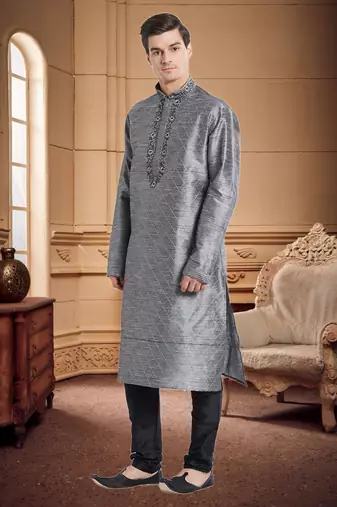Indian Poshakh Black Art Silk Silk Blend Kurta Pajama
