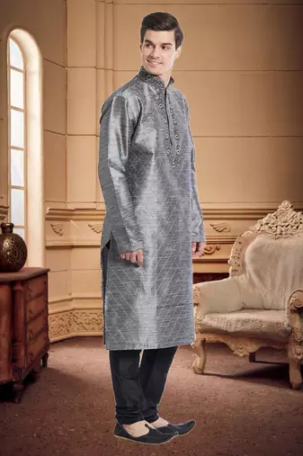 Indian Poshakh Black Art Silk Silk Blend Kurta Pajama