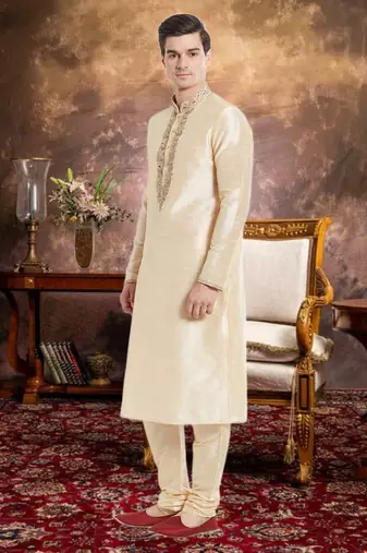 Fawn Art Silk Silk Blend Kurta Pajama