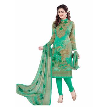 Green crepe printed unstitched salwar kameez with dupatta 1