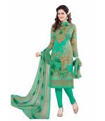 Green crepe printed unstitched salwar kameez with dupatta