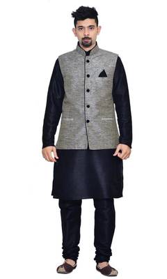 Black Silk Ethnic Indian Traditional Mens Festive Wear Kurta Pyjama with Waistcoat 1