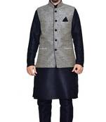 Black Silk Ethnic Indian Traditional Mens Festive Wear Kurta Pyjama with Waistcoat