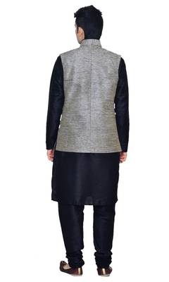 Black Silk Ethnic Indian Traditional Mens Festive Wear Kurta Pyjama with Waistcoat 2