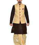 Gold Silk Ethnic Indian Traditional Mens Festive Wear Dhoti Kurta with Waistcoat