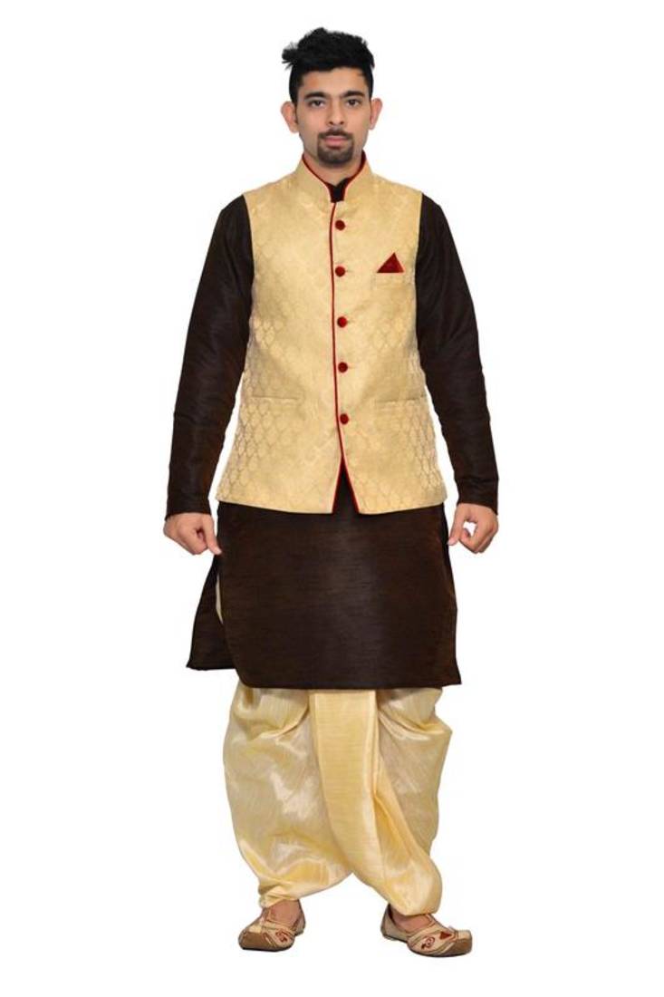 Gold Silk Ethnic Indian Traditional Mens Festive Wear Dhoti Kurta with Waistcoat
