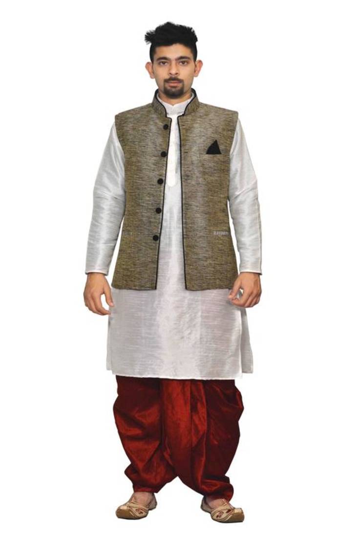 Black Silk Ethnic Indian Traditional Mens Festive Wear Dhoti Kurta with Waistcoat