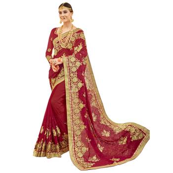 Red embroidered faux georgette saree with blouse 1