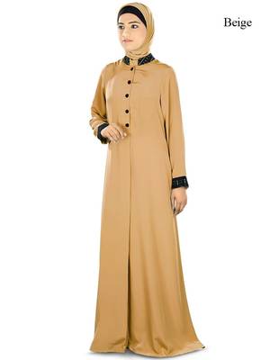 MyBatua Beige Poly Crepe Arabian Dailywear Islamic Muslim Long Abaya With Hijab 1