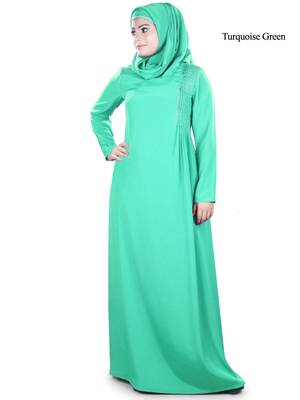 MyBatua Turqoise Polyester Arabian Dailywear Islamic Muslim Long Abaya With Hijab 1