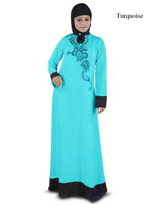 MyBatua Turqoise Polyester Arabian Dailywear Islamic Muslim Long Abaya With Hijab 1