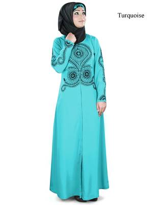 MyBatua Turqoise Polyester Arabian Dailywear Islamic Muslim Long Abaya With Hijab 1
