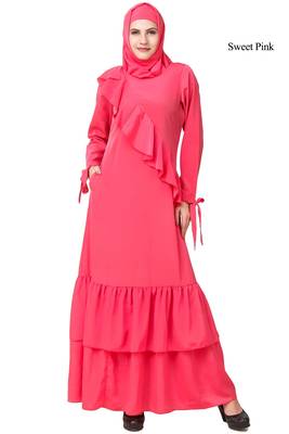MyBatua Pink Polyester Arabian Dailywear Islamic Muslim Long Abaya With Hijab 1