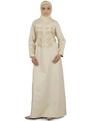 MyBatua Cream Cotton Arabian Dailywear Islamic Muslim Long Abaya With Hijab 1