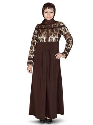 MyBatua Brown Poly Crepe Arabian Dailywear Islamic Muslim Long Abaya With Hijab 1