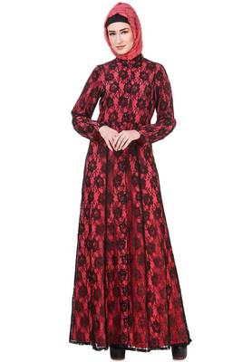 MyBatua Red Polyester Arabian Dailywear Islamic Muslim Long Abaya With Hijab 1