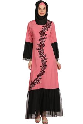 MyBatua Pink Polyester Arabian Dailywear Islamic Muslim Long Abaya With Hijab 1
