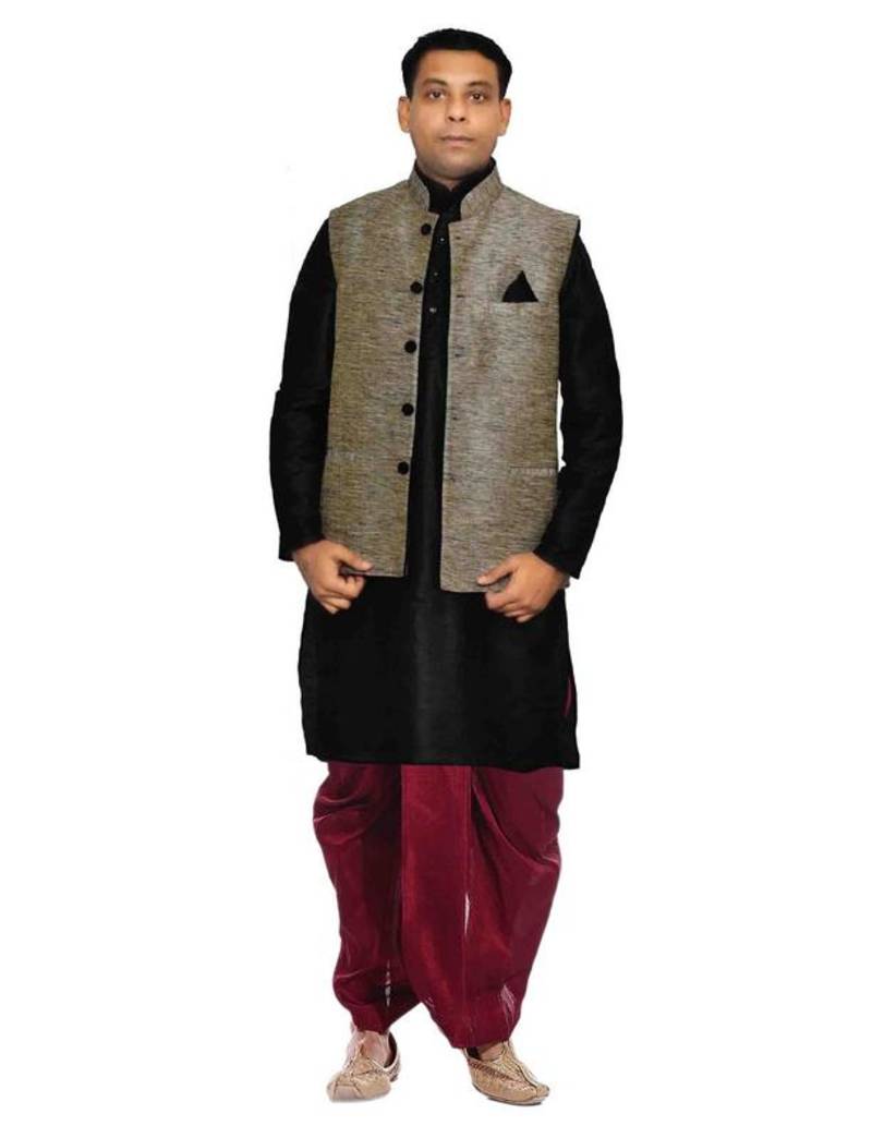 Black Silk Ethnic Indian Traditional Mens Festive Wear Dhoti Kurta