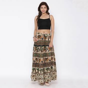 Beige Bagru Printed Cotton Long Skirt 1