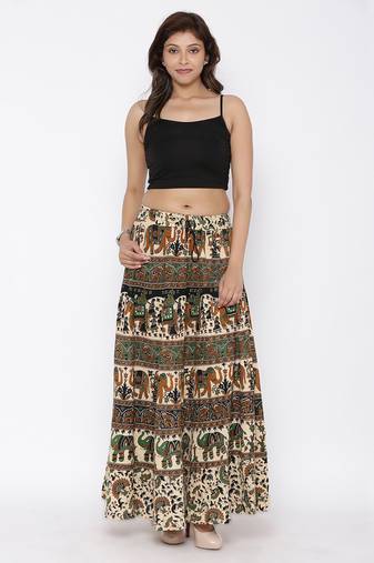 Beige Bagru Printed Cotton Long Skirt