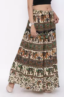 Beige Bagru Printed Cotton Long Skirt