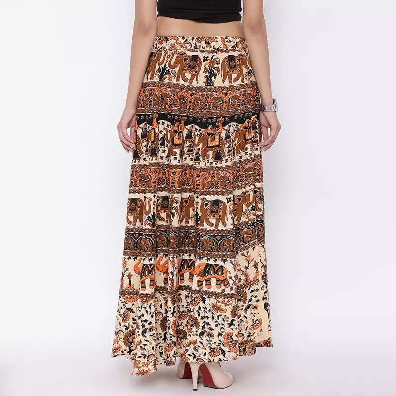 Beige Bagru Printed Cotton Long Skirt