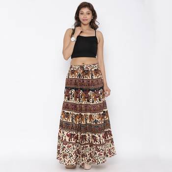 Beige Bagru Printed Cotton Long Skirt 2