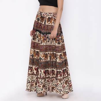Beige Bagru Printed Cotton Long Skirt 3