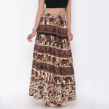 Beige Bagru Printed Cotton Long Skirt 4