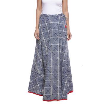 Grey Indigo print Cotton Long Wrap Skirt 1