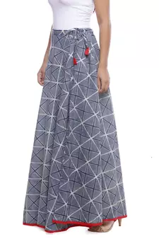 Grey Indigo print Cotton Long Wrap Skirt