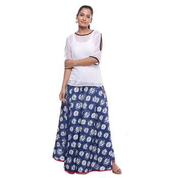 Blue Indigo print Cotton Long Wrap Skirt 3