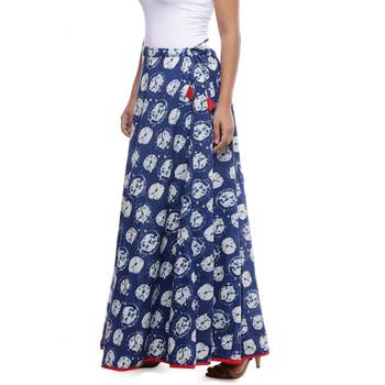 Blue Indigo print Cotton Long Wrap Skirt 4