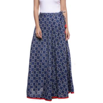 Blue Indigo print Cotton Long Wrap Skirt 1