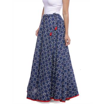 Blue Indigo print Cotton Long Wrap Skirt 4