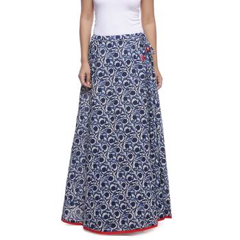 Blue Indigo print Cotton Long Wrap Skirt 1