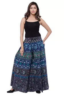 Blue  Cotton Long Printed Palazzo
