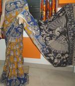 Mustard(Faces) Kalamkari Handblock Printed cotton saree