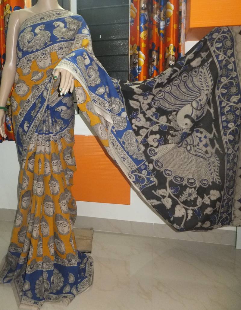 Mustard(Faces) Kalamkari Handblock Printed cotton saree