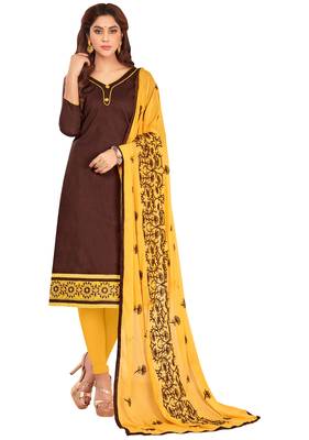 Brown Embroidered Cotton Salwar With Dupatta 1