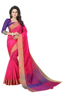 Pink Woven Cotton Saree With Blouse 1