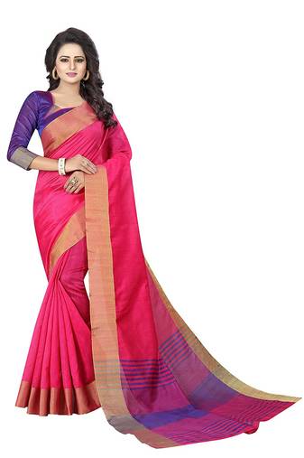 Pink Woven Cotton Saree With Blouse