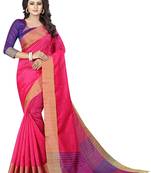 Pink Woven Cotton Saree With Blouse