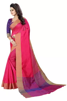 Pink Woven Cotton Saree With Blouse