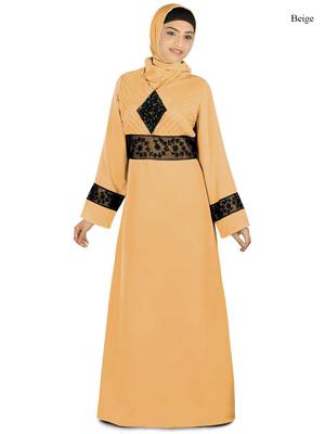 MyBatua Beige Polyester Arabian Style Islamic Wear For Women Muslim Abaya With Hijab 1